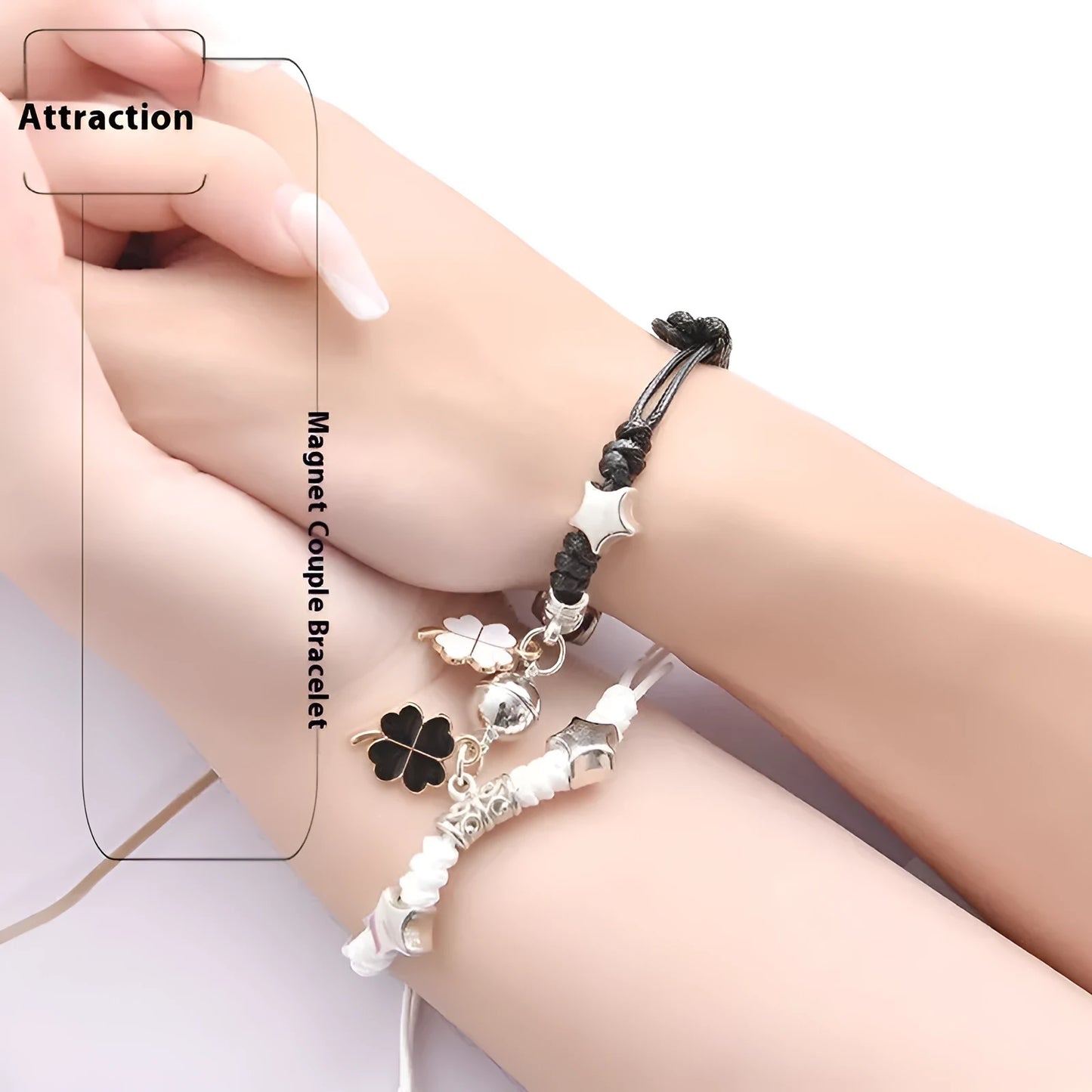 A pair of magnet couple bracelets with a suction clasp, showing various design options like clovers, crowns, and hearts.