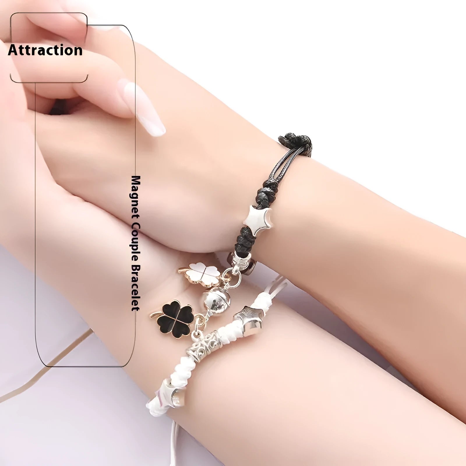 A pair of magnet couple bracelets with a suction clasp, showing various design options like clovers, crowns, and hearts.