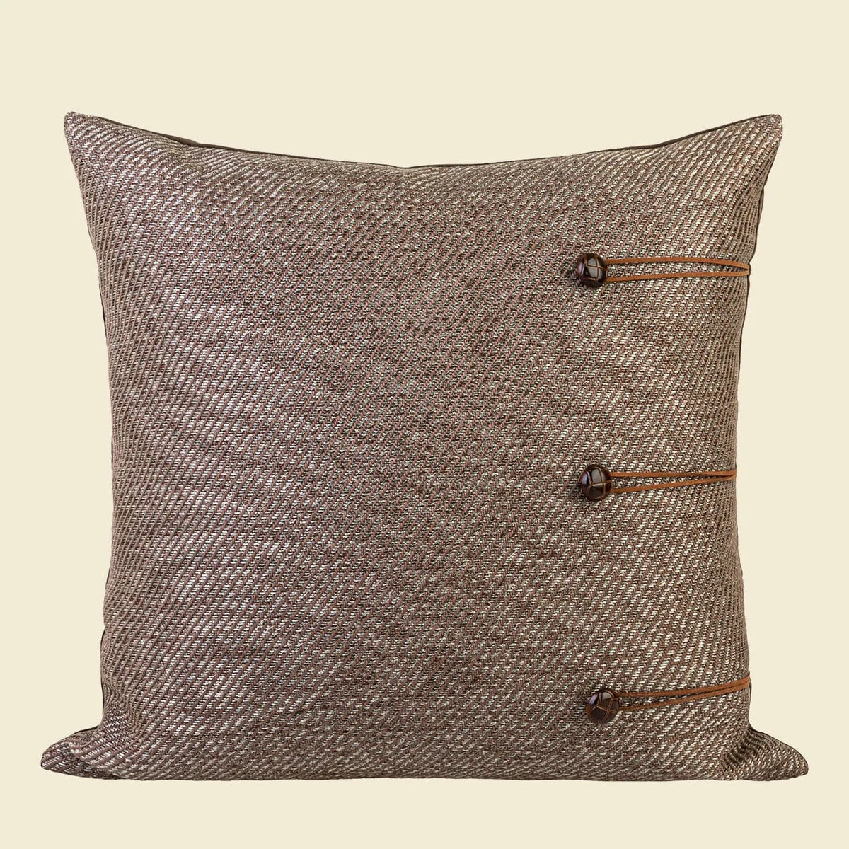 Chinese ancient style 45cm square cushion with geometric pattern in feather velvet, brown colour variations