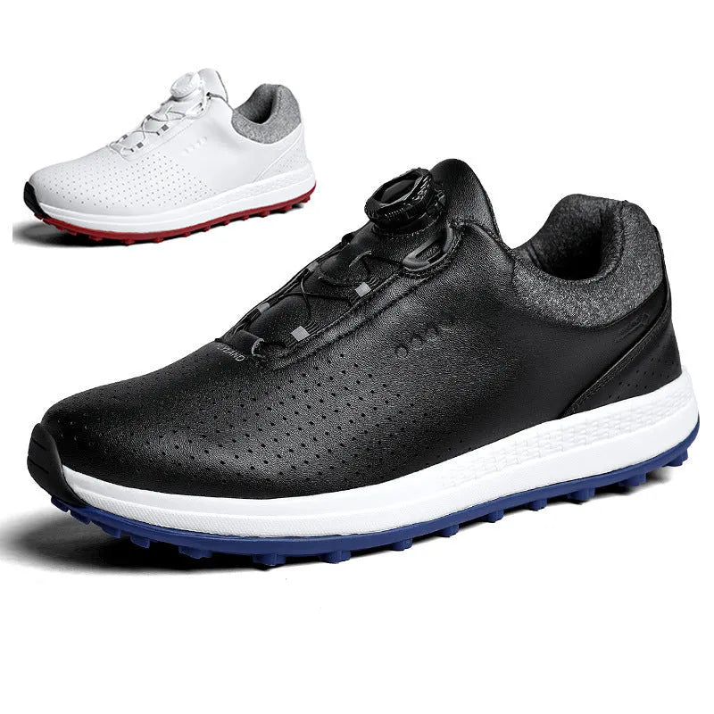 Men's white low-top casual golf shoe with breathable upper and non-slip broken nail sole.