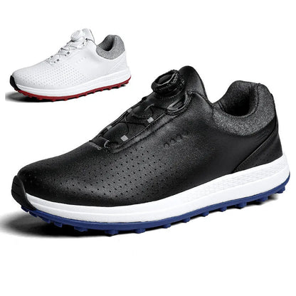 Men's white low-top casual golf shoe with breathable upper and non-slip broken nail sole.