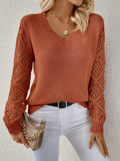 Stylish V-neck sweater with hollow long sleeves in a variety of trendy colors