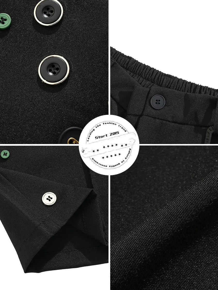 A pair of black loose-fit semi-elastic shorts with a colour button and zipper fly.
