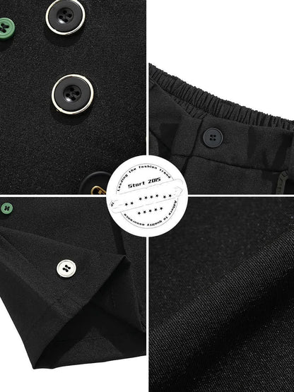 A pair of black loose-fit semi-elastic shorts with a colour button and zipper fly.