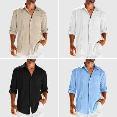 Men's solid colour long sleeve cotton blend shirt with polo collar and lace-trimmed chest pocket
