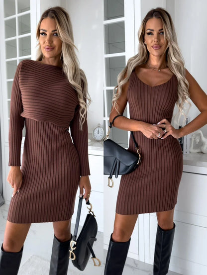 Stylish 2-piece outfit featuring a long-sleeve striped top and suspender skirt in various colors
