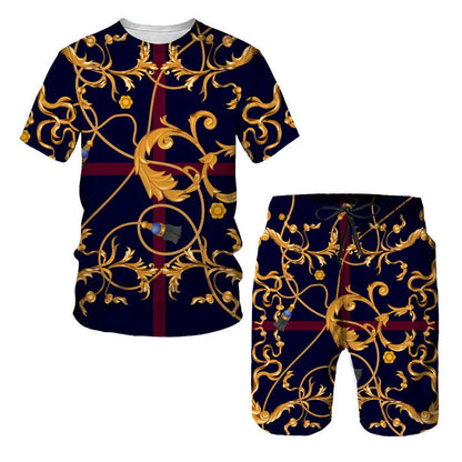Man wearing a chain pattern digital printed short sleeve T-shirt with matching shorts, summer leisure set.