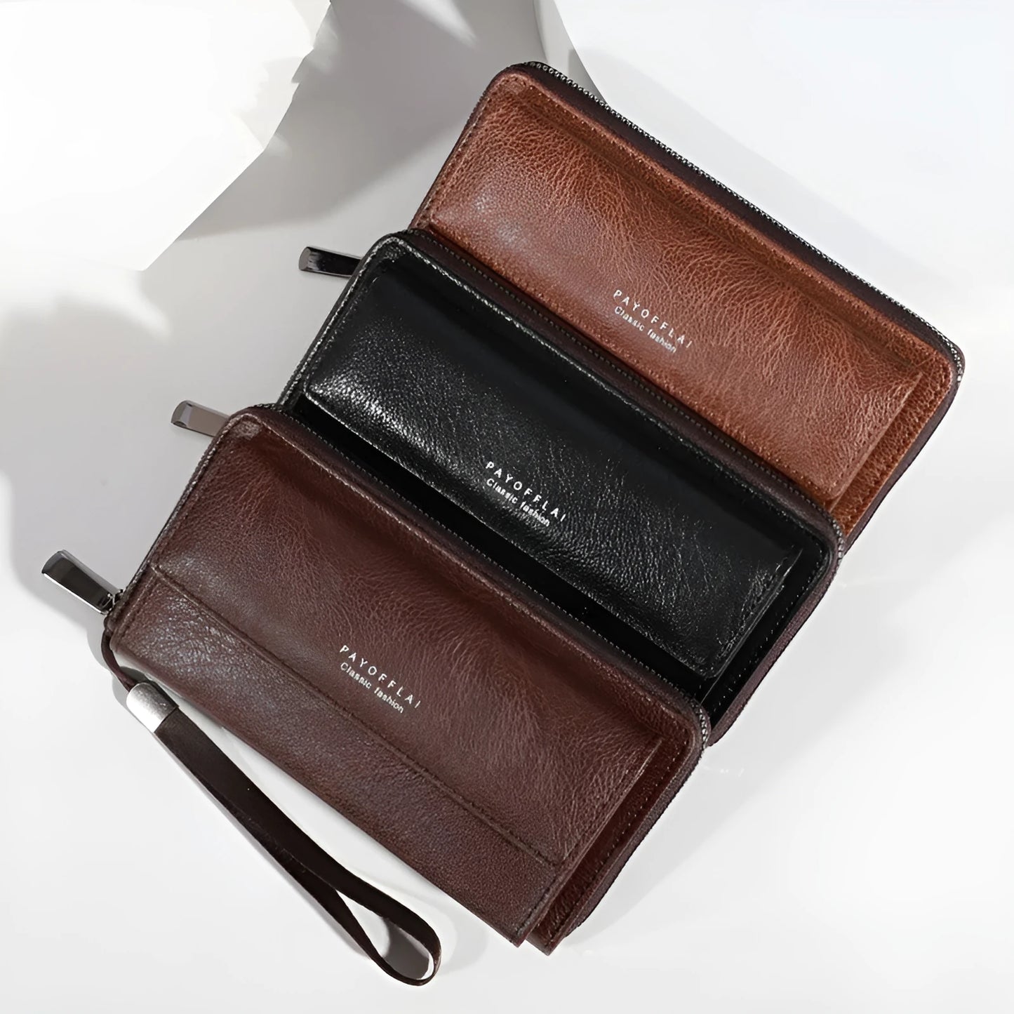 Men's black PU leather wallet showing multiple card slots and 19x10.5x4cm dimensions