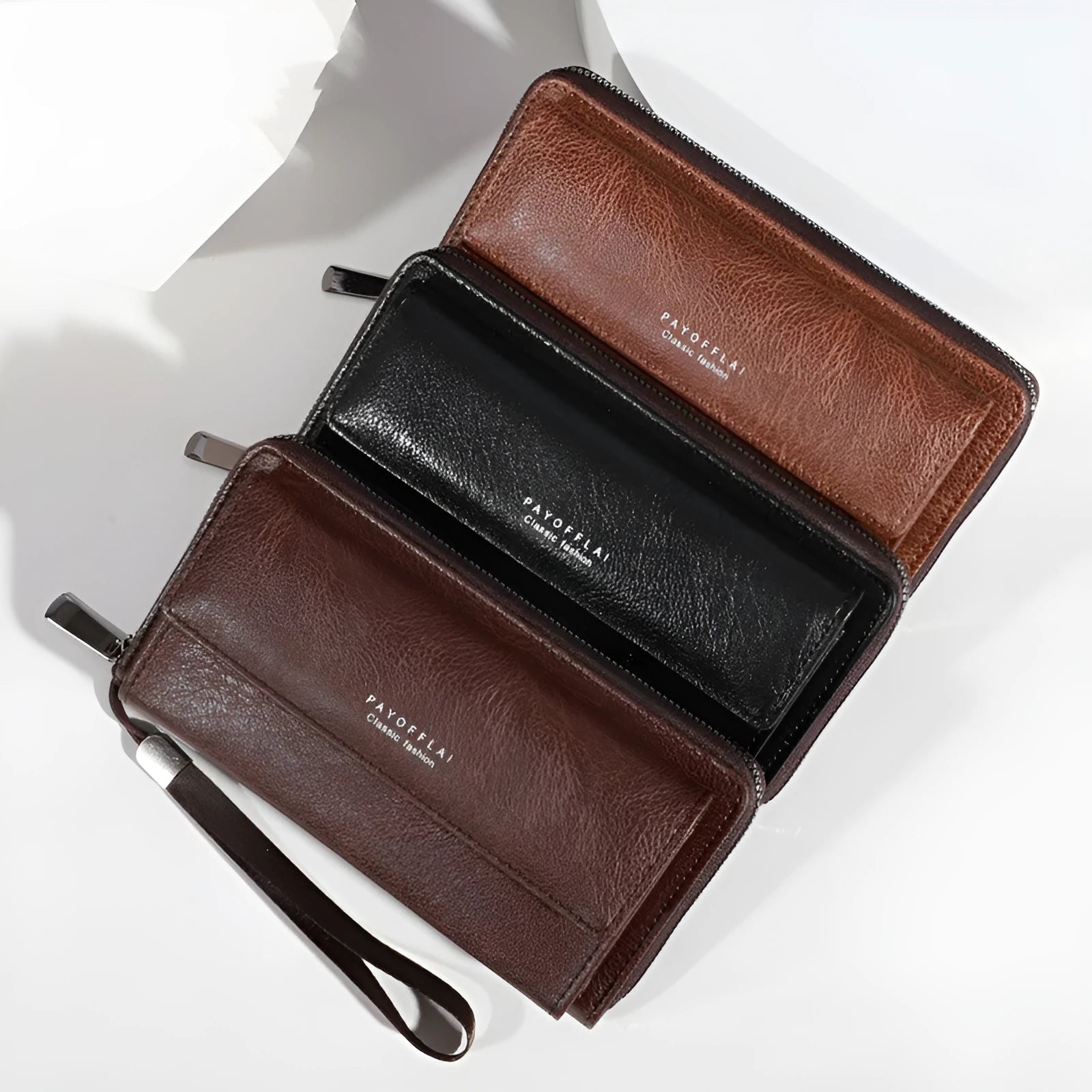 Men's black PU leather wallet showing multiple card slots and 19x10.5x4cm dimensions