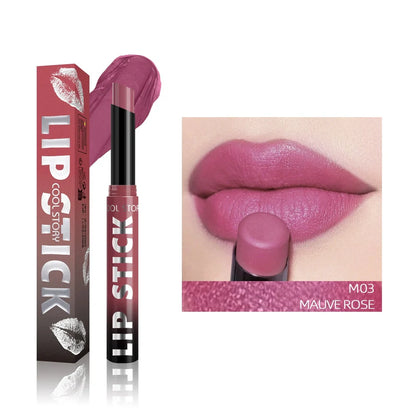 Dual-use lipstick and lip gloss stick showing eight shade options from nude to berry colours