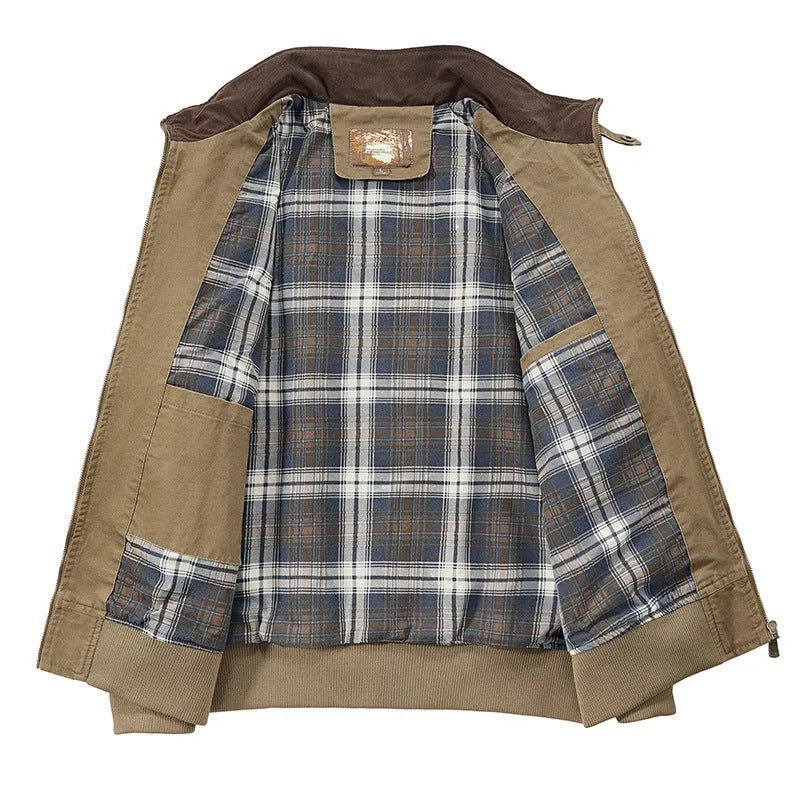 Men's plus-size washed cotton baseball flight jacket in camel, black, army green, or beige.