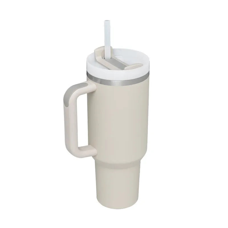 40oz stainless steel tumbler with handle and straw in various colour options showing tapered shape and spill-proof lid