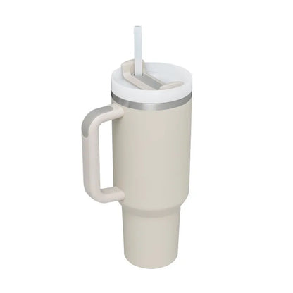 40oz stainless steel tumbler with handle and straw in various colour options showing tapered shape and spill-proof lid