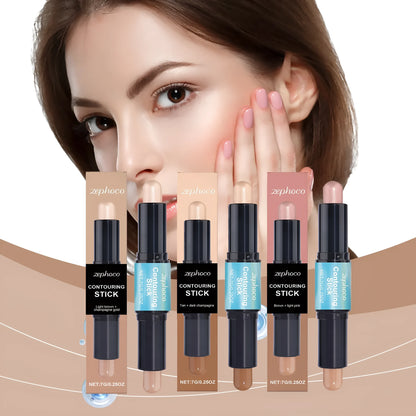 Dual-ended cream contour and highlighter makeup stick showing two shades, Tan Dark Champagne and Light Pink.