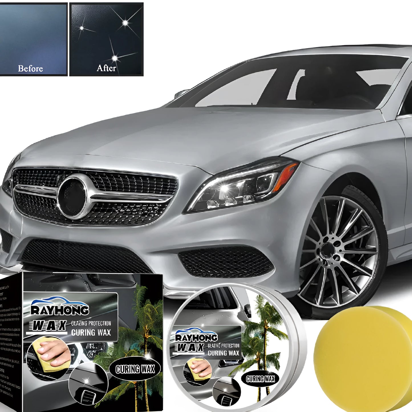 Car coating wax block and two applicator sponges for paint renovation and protection.