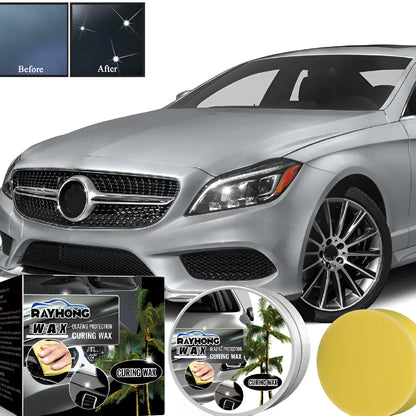 Car coating wax block and two applicator sponges for paint renovation and protection.