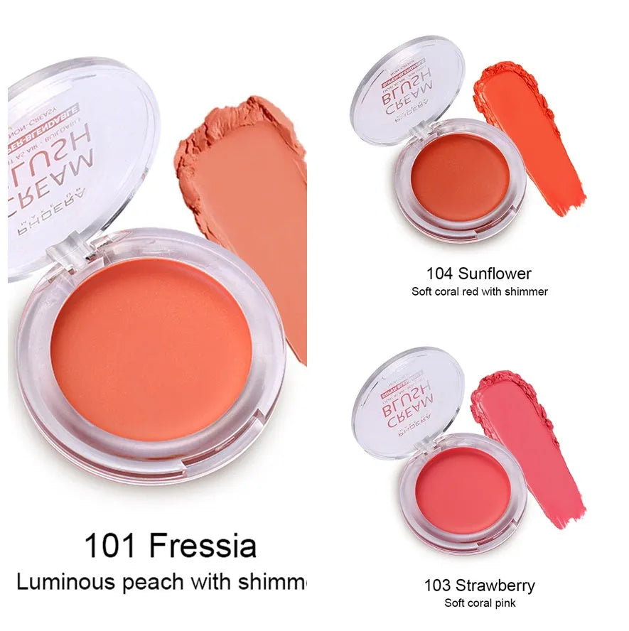 PHOERA Light and Brightening Blush Cream pot in one of eight colours: Freesia, Peach, Strawberry, Sunflower, Dusk, Sunset, Grape, or Berry.