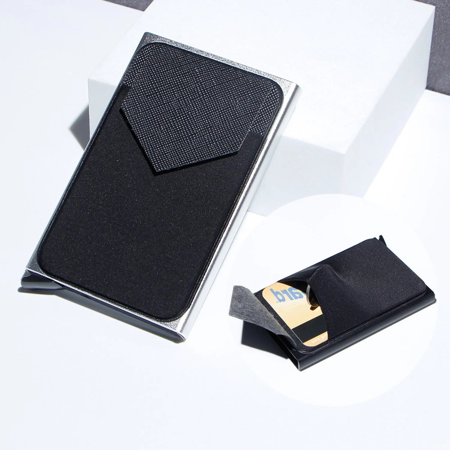 Aluminium alloy anti-theft credit card holder with lycra cloth strap in multiple colours