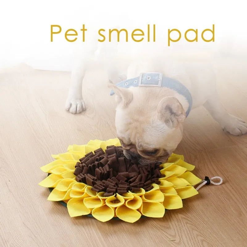 Yellow sunflower snuffle mat for dogs with rope and buckle attachment