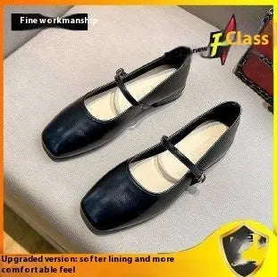 Women's sheepskin Mary Jane flat shoes in brown, showing round toe and low heel.