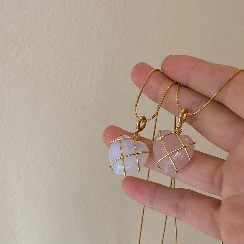 Elegant gold-plated moonstone necklace with a heart-shaped pendant, perfect for fashionable women and girls