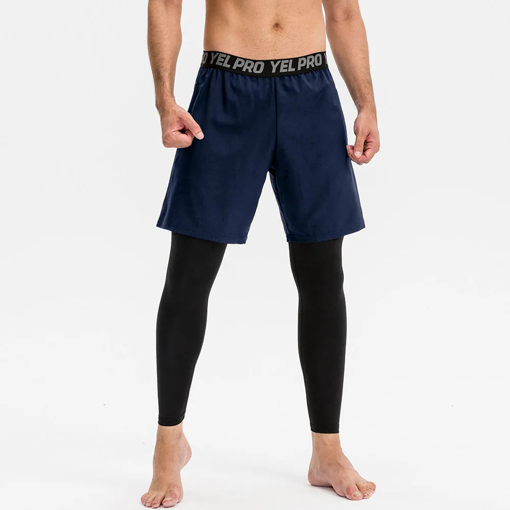Men's tight fitness pants in polyester spandex fabric showing quick-dry properties and high elastic compression for athletic training