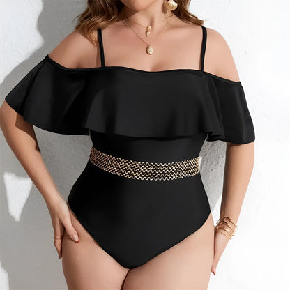Black solid colour one-piece swimsuit for women on a mannequin.