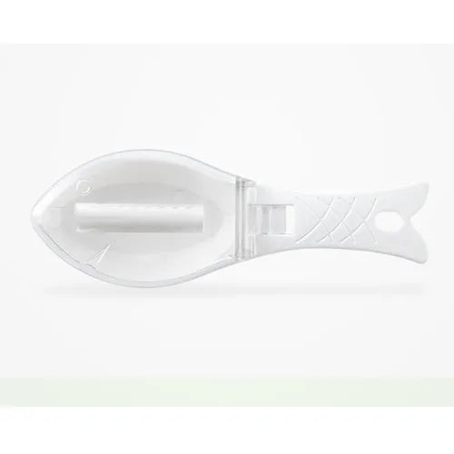 Fish-shaped scaler tool with cover to prevent scale splashing during fish cleaning