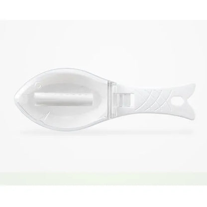 Fish-shaped scaler tool with cover to prevent scale splashing during fish cleaning