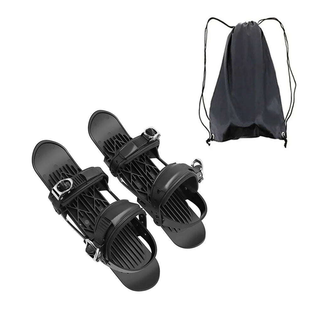 Adjustable snowshoeing mini skates with durable nylon soles, reinforced TPU laces, and customizable metal buckles for a secure fit across a wide range of shoe sizes