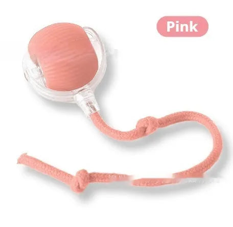 Silicone rolling ball cat toy showing red, green, and grey colour options with self-hi motion mechanism