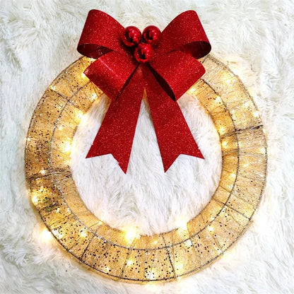 50cm gold and green LED Christmas wreath with fabric bowknot decoration
