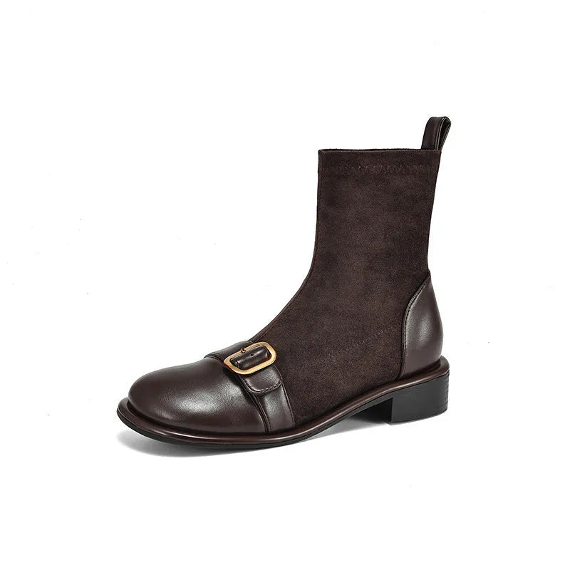 Women's black casual martin boots with low heel, lace-up front, and belt buckle stitching detail