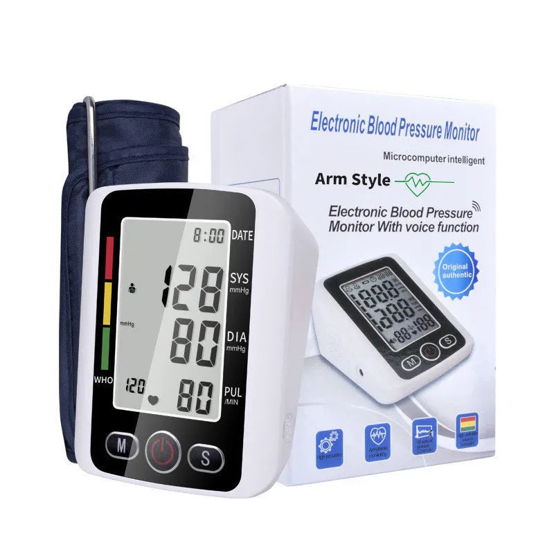 ARM electronic sphygmomanometer automatic blood pressure monitor for home use, powered by dry batteries, with ABS construction and large screen display, available with or without English voice broadcast