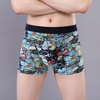 Men's cotton boxer shorts with floral print, showcasing the U-shaped convex design and mid-waist fit.