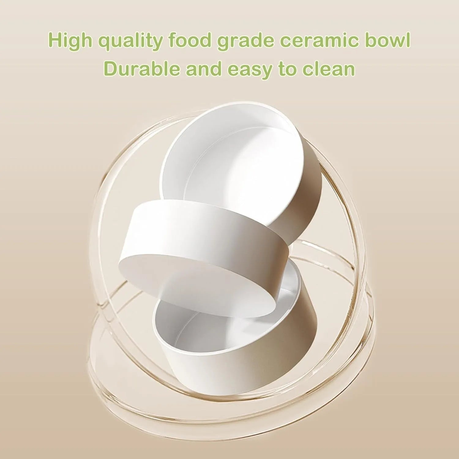 Green ceramic elevated cat bowl set with two tilted dishes on a stand with a spill-proof rim