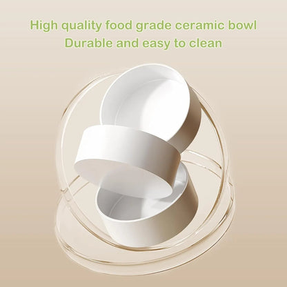 Green ceramic elevated cat bowl set with two tilted dishes on a stand with a spill-proof rim