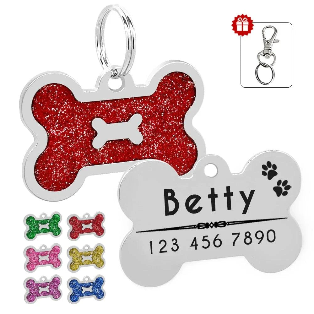 Glittering bone-shaped ID tag for dogs, made from durable stainless steel with customisable engraving