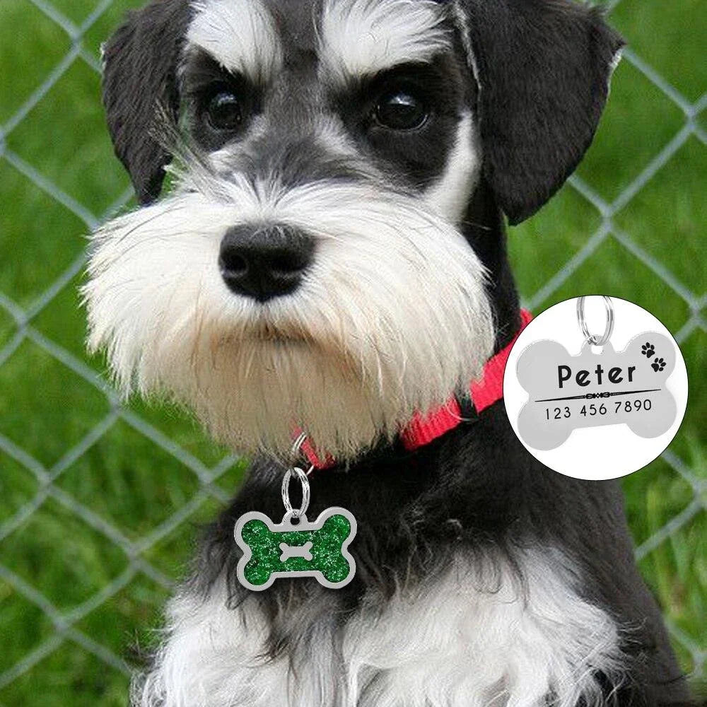Glittering bone-shaped ID tag for dogs, made from durable stainless steel with customisable engraving