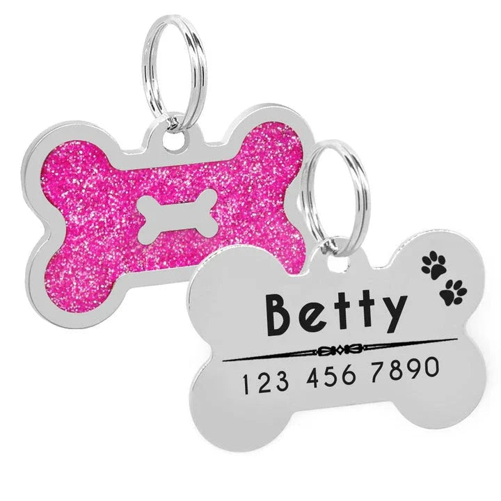 Glittering bone-shaped ID tag for dogs, made from durable stainless steel with customisable engraving