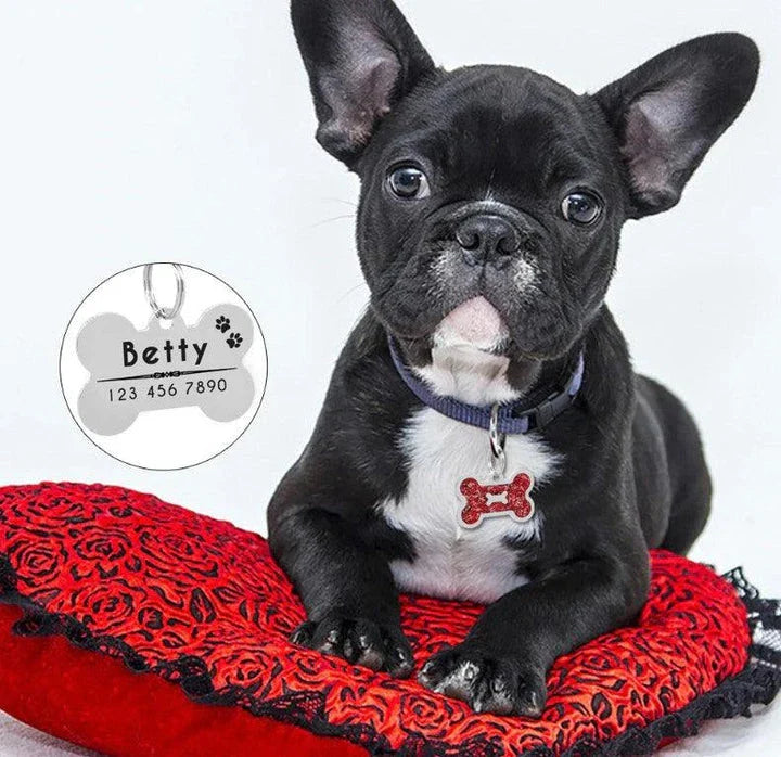 Glittering bone-shaped ID tag for dogs, made from durable stainless steel with customisable engraving