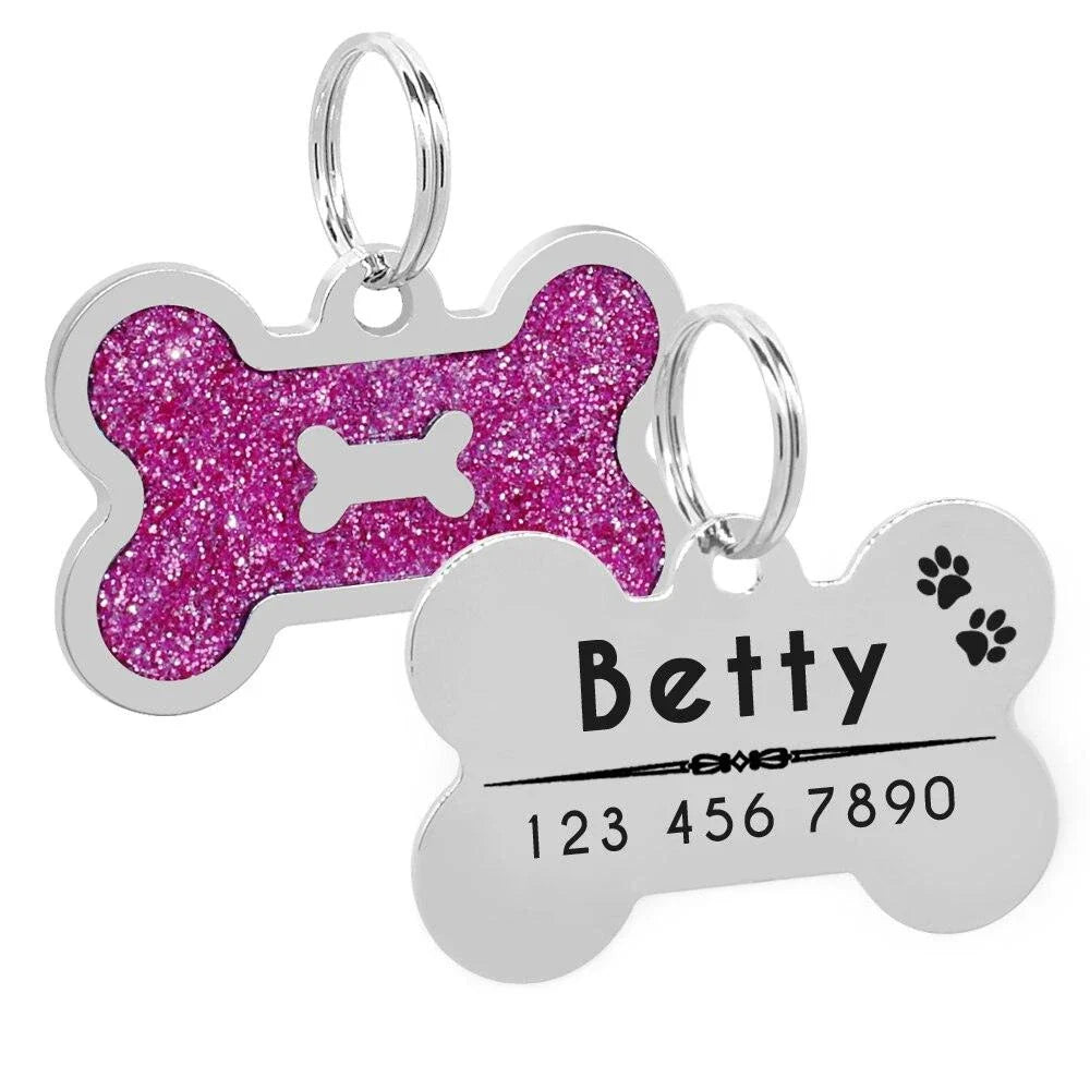 Glittering bone-shaped ID tag for dogs, made from durable stainless steel with customisable engraving