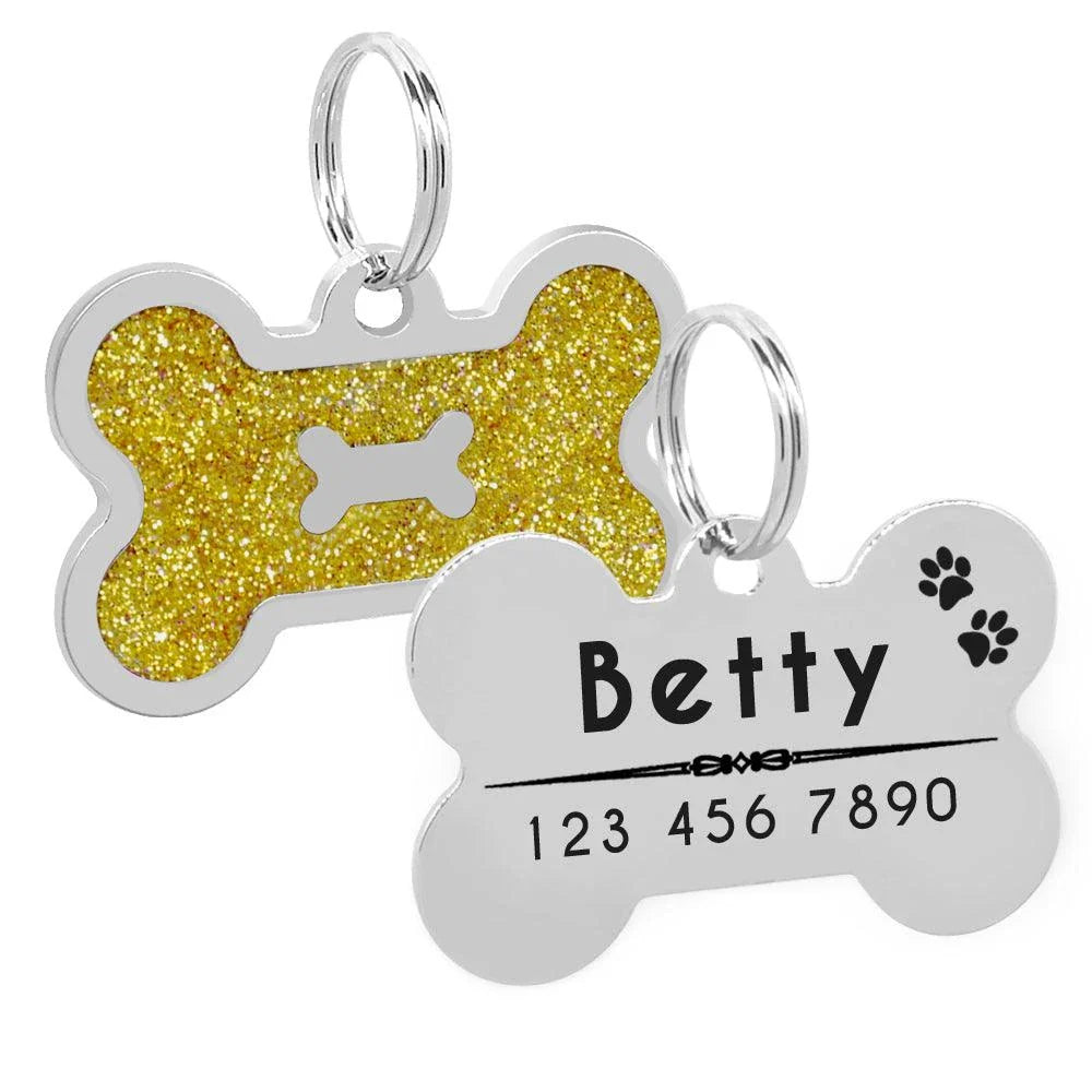 Glittering bone-shaped ID tag for dogs, made from durable stainless steel with customisable engraving