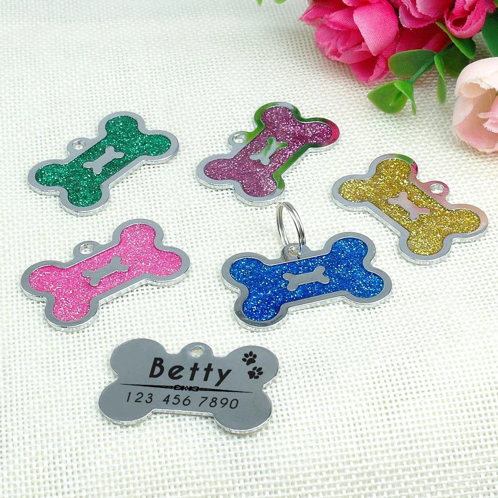 Glittering bone-shaped ID tag for dogs, made from durable stainless steel with customisable engraving