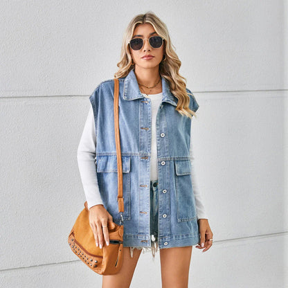 Denim vest with large pockets, sleeveless design for women's casual and formal wear