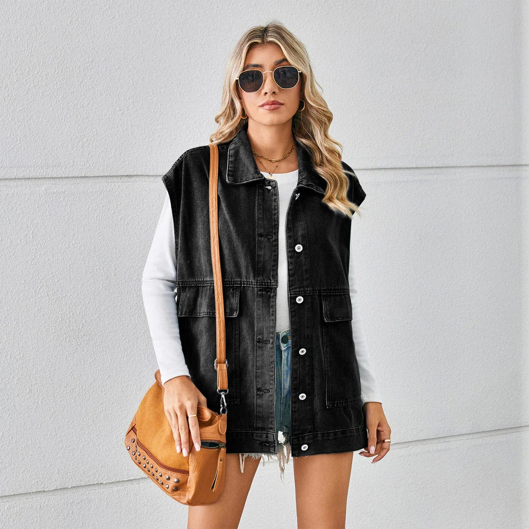 Denim vest with large pockets, sleeveless design for women's casual and formal wear