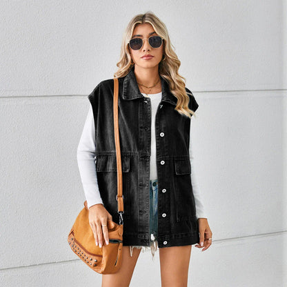 Denim vest with large pockets, sleeveless design for women's casual and formal wear