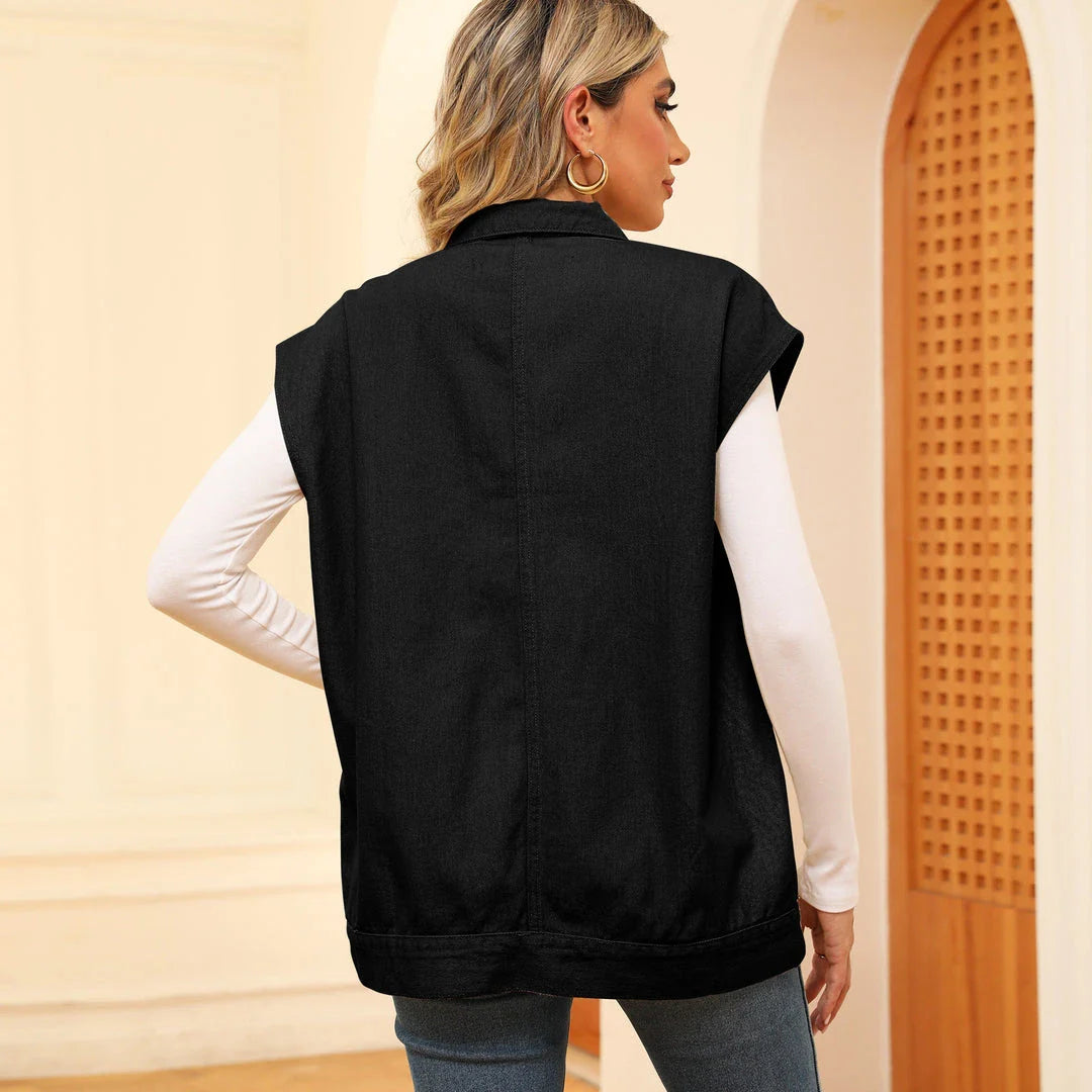 Denim vest with large pockets, sleeveless design for women's casual and formal wear