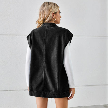 Denim vest with large pockets, sleeveless design for women's casual and formal wear