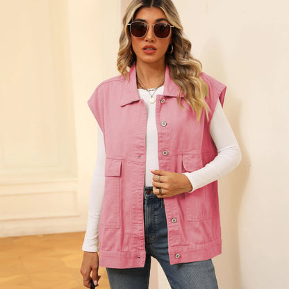 Denim vest with large pockets, sleeveless design for women's casual and formal wear
